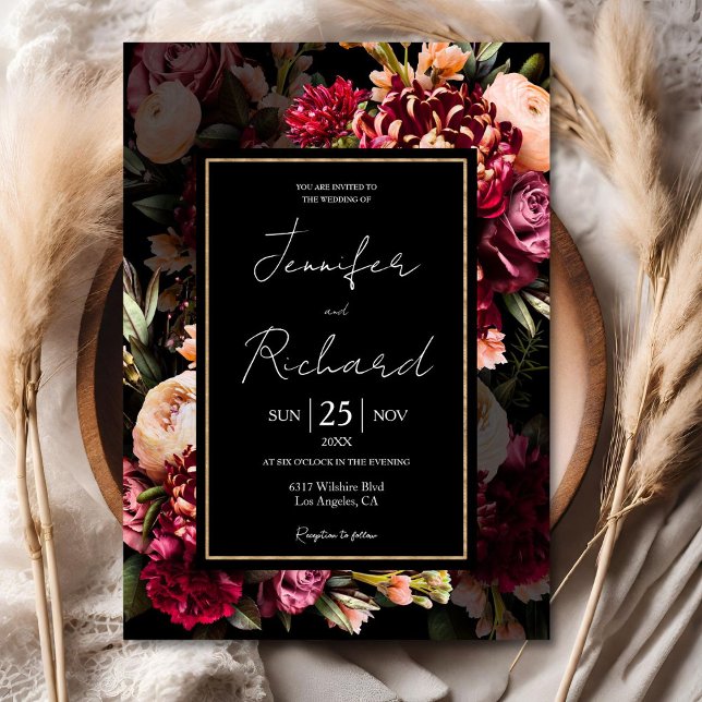 Dark Moody Bloom Dutch Old Masters Black Wedding Invitation (Creator Uploaded)