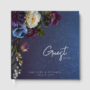 Dark Moody Blue Lavender Floral Modern Wedding Guest Book