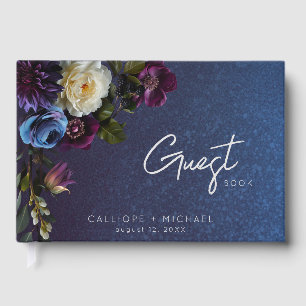 Dark Moody Blue Lavender Floral Modern Wedding Guest Book