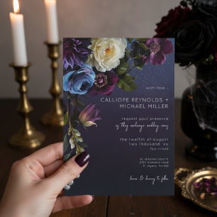Dark Moody Blue Lavender Floral Modern Wedding Invitation