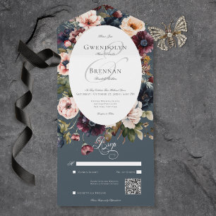 Dark Moody Blue Oval Floral Frame QR Code All In One Invitation