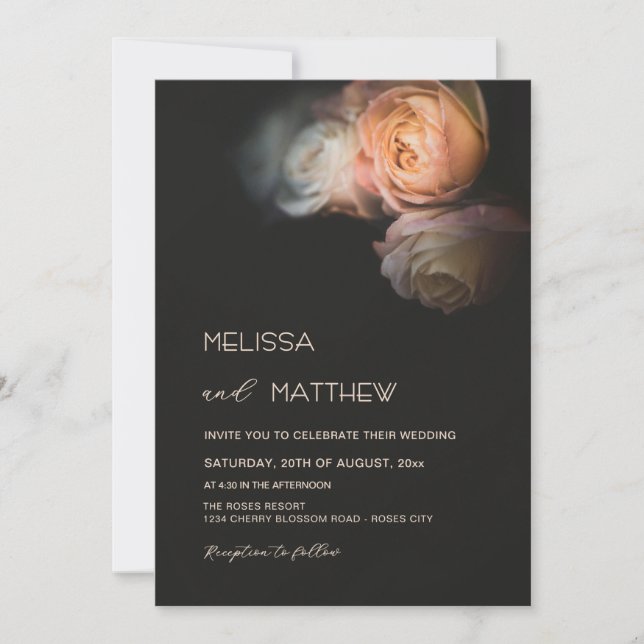 Dark Moody Blush Apricot Roses Wedding Invitation (Front)