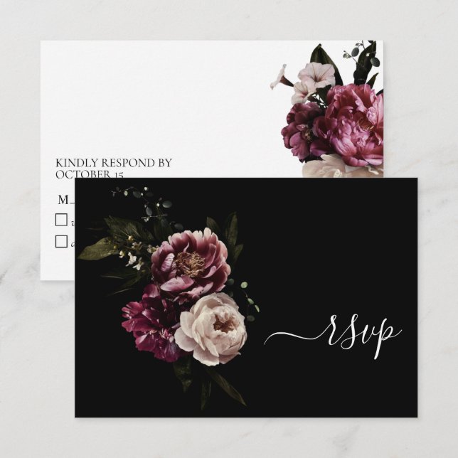 Dark Moody Blush Burgundy Floral No Menu RSVP Card (Front/Back)
