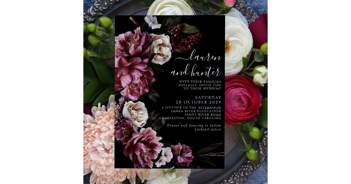 Dark Moody Blush Burgundy Script Floral Wedding In Invitation | Zazzle