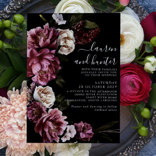 Dark Moody Blush Burgundy Script Floral Wedding In Invitation | Zazzle