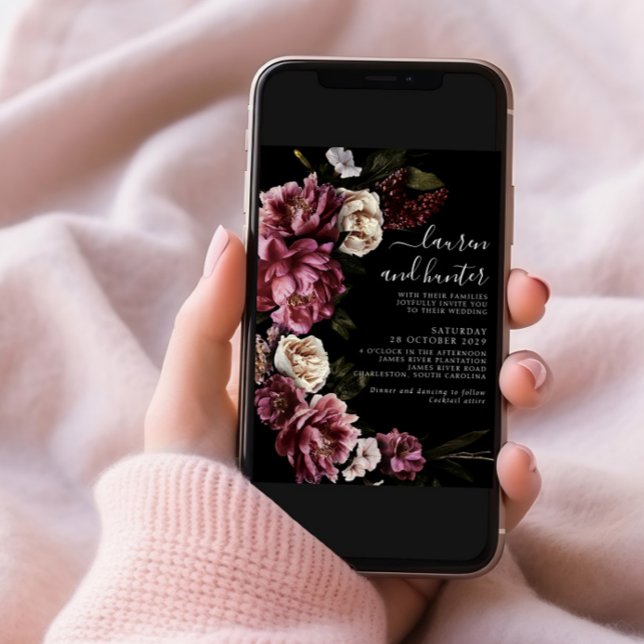 Dark Moody Blush Burgundy Script Floral Wedding In Invitation (Creator Uploaded)