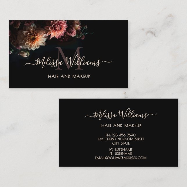 Dark Moody Blush Flowers Monogram Black Business Card (Front/Back)