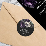 Dark moody boho elegant wedding template classic round sticker<br><div class="desc">Dark moody boho elegant gothic wedding template stickers,  black purple peonies on dark background  wedding envelope stickers  with bride and groom names.</div>