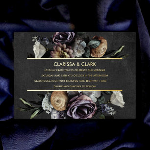 Dark Moody Bold Floral Gold Wedding Foil Invitatio