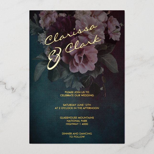 Dark Moody Bold Floral Gold Wedding Foil Invitatio (Front)