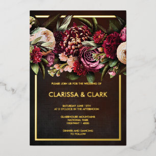 Dark Moody Bold Floral Marsala Wedding  Foil Invit
