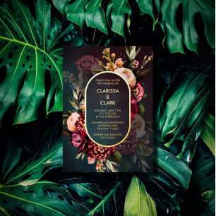 Dark Moody Bold Floral Marsala Wedding  Foil Invit