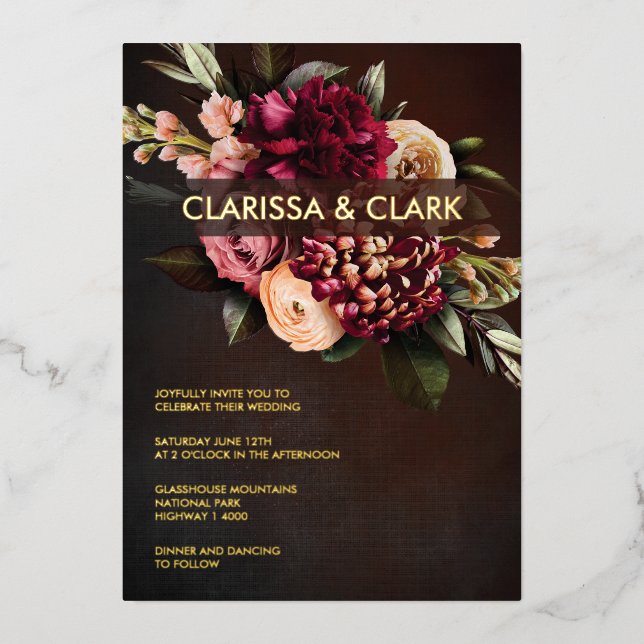 Dark Moody Bold Floral Marsala Wedding  Foil Invit (Front)