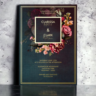 Dark Moody Bold Floral Marsala Wedding Foil Invita