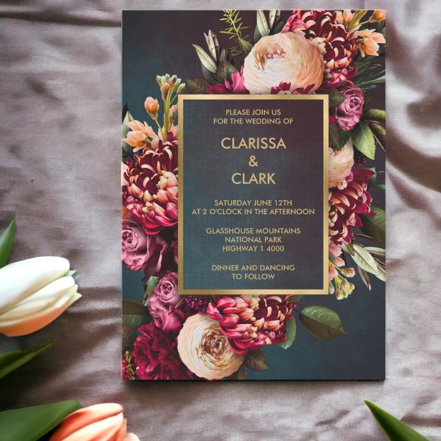Dark Moody Bold Floral Marsala Wedding Invitation (Creator Uploaded)