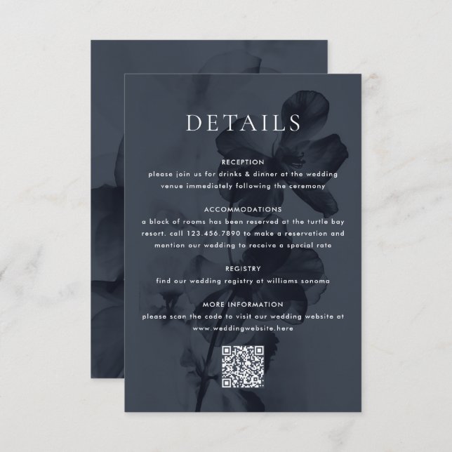 Dark Moody Botanical Overlay Blue Wedding Enclosure Card (Front/Back)