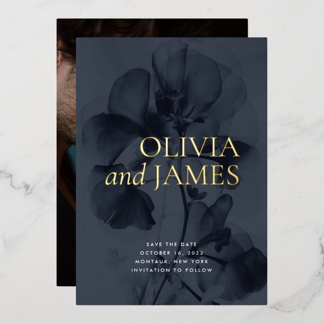 Dark Moody Botanical Wedding Photo Save the Date (Front/Back)