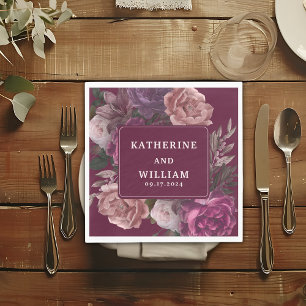 Dark moody burgundy and purple floral Wedding Napkin