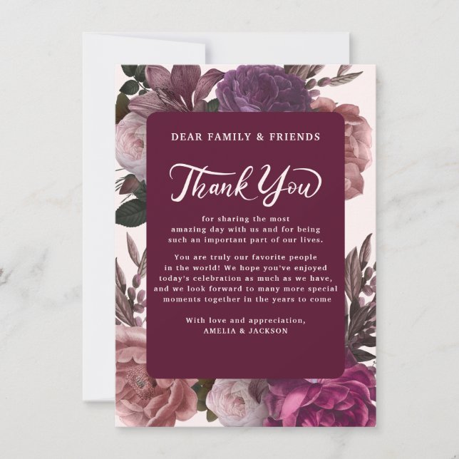 Dark moody burgundy and purple floral Wedding Thank You Card (Front)