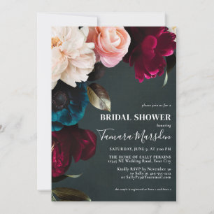 Dark Moody Burgundy Blue Blush Pink Floral  Invitation
