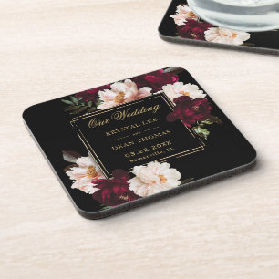 Dark Moody Burgundy Blush Black Floral Wedding Coaster