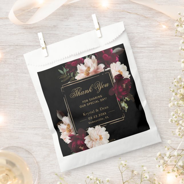 Dark Moody Burgundy Blush Black Floral Wedding Favour Bags (Clipped)