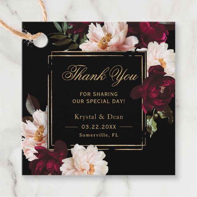 Dark Moody Burgundy Blush Black Floral Wedding Favour Tags (Front)