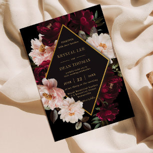 Dark Moody Burgundy Blush Black Floral Wedding Invitation