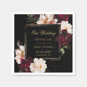 Dark Moody Burgundy Blush Black Floral Wedding Napkin