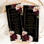 Dark Moody Burgundy Blush Black Floral Wedding Programme<br><div class="desc">Personalise this elegant wedding slim program card easily and quickly. Simply click the Edit Using Design Tools button to edit the text, change font style, colour and size. Featuring beautiful realistic burgundy, blush peony flowers against a black background. Personalise this double sided program card with your order of events and...</div>