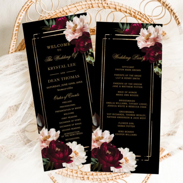 Dark Moody Burgundy Blush Black Floral Wedding Programme (dark moody decadent burgundy blush pink peonies floral black gold wedding party program slim cards)