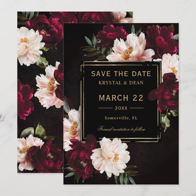 Dark Moody Burgundy Blush Black Floral Wedding Save The Date (Front/Back)