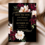 Dark Moody Burgundy Blush Black Floral Wedding Save The Date<br><div class="desc">Personalise this elegant wedding save the date easily and quickly. Simply click the Edit Using Design Tools button to edit the text,  change fonts and fonts colours. Featuring beautiful realistic burgundy,  blush peony flowers against a vivid black background. Matching items available in store. (c) Somerset Fine Paperie</div>