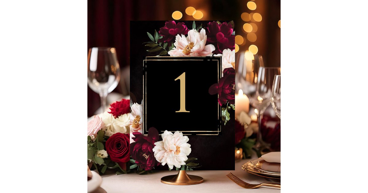 Dark Moody Burgundy Blush Black Floral Wedding Table Number | Zazzle