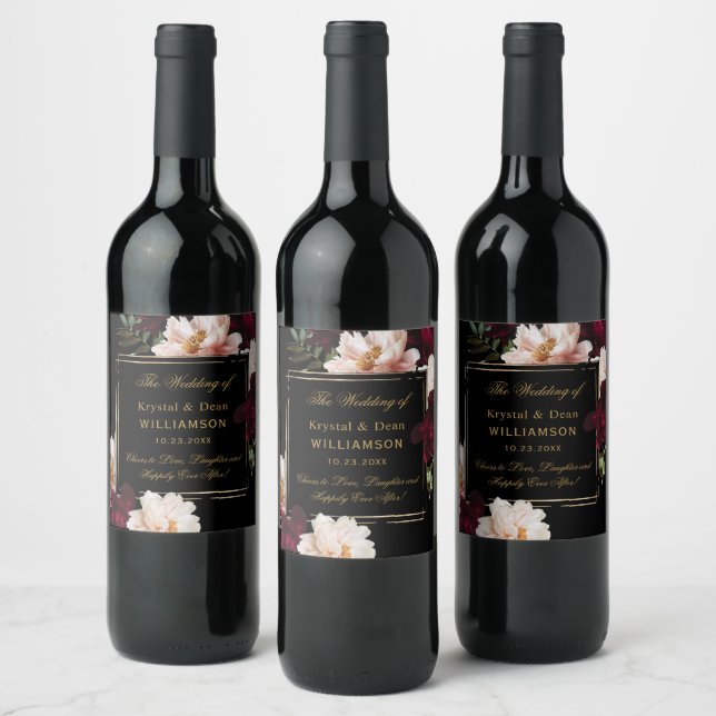 Dark Moody Burgundy Blush Black Floral Wedding Wine Label (Bottles)