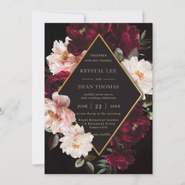 Dark Moody Burgundy Blush Floral Peonies Wedding Invitation (Front)