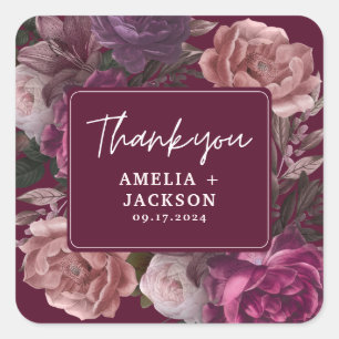 Dark moody burgundy & blush floral Wedding  Square Sticker