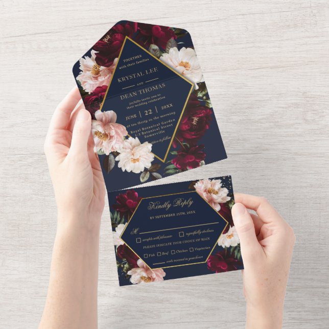 Dark Moody Burgundy Blush Navy Blue Floral Wedding All In One Invitation (Tearaway)