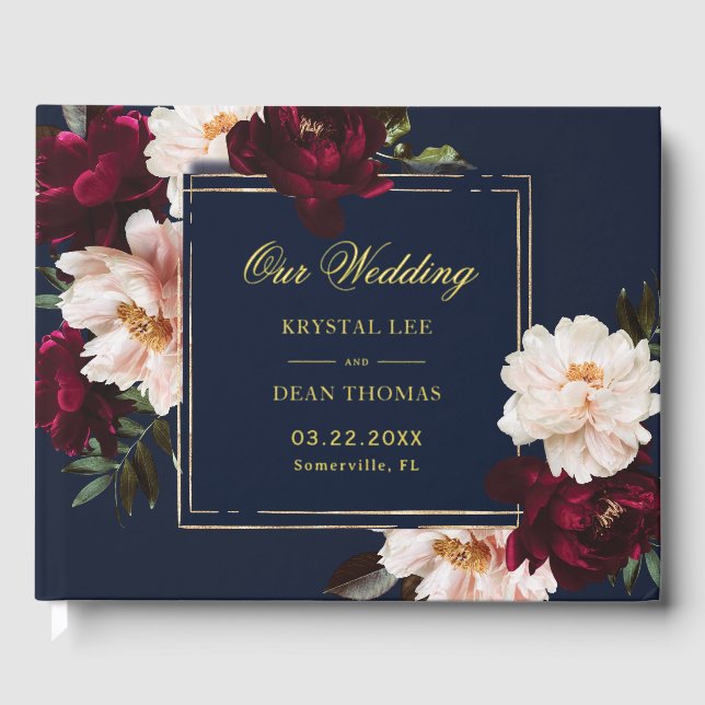 Dark Moody Burgundy Blush Navy Blue Floral Wedding Guest Book (Front)