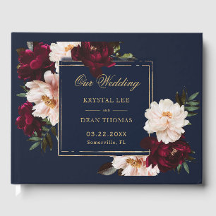 Dark Moody Burgundy Blush Navy Blue Floral Wedding Guest Book