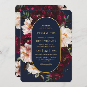 Dark Moody Burgundy Blush Navy Blue Floral Wedding Invitation