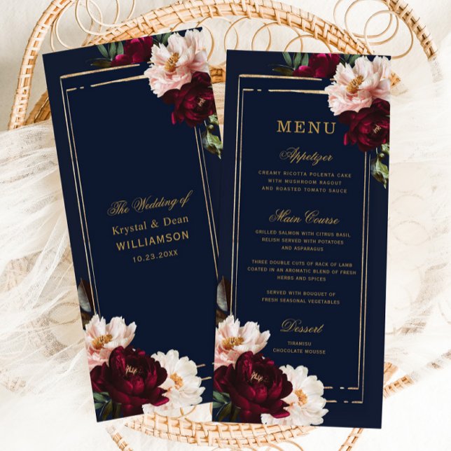 Dark Moody Burgundy Blush Navy Blue Floral Wedding Menu (Creator Uploaded)