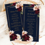 Dark Moody Burgundy Blush Navy Blue Floral Wedding Programme<br><div class="desc">Personalise this elegant wedding slim program card easily and quickly. Simply click the Edit Using Design Tools button to edit the text, change font style, colour and size. Featuring beautiful realistic burgundy, blush peony flowers against a dark navy blue background. Personalise this double sided program card with your order of...</div>