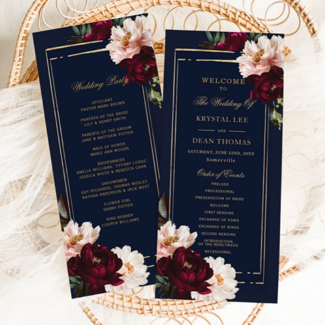 Dark Moody Burgundy Blush Navy Blue Floral Wedding Programme (Creator Uploaded)