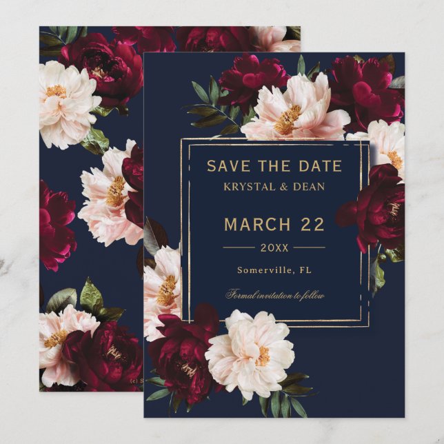 Dark Moody Burgundy Blush Navy Blue Floral Wedding Save The Date (Front/Back)