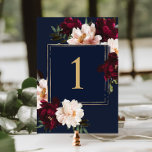 Dark Moody Burgundy Blush Navy Blue Floral Wedding Table Number<br><div class="desc">Personalise this elegant wedding table number easily and quickly. Simply click the Edit Using Design Tools button to edit the text,  change fonts and fonts colours. Featuring beautiful realistic burgundy,  blush peony flowers against a dark navy blue background. Matching items available in store. (c) Somerset Fine Paperie</div>