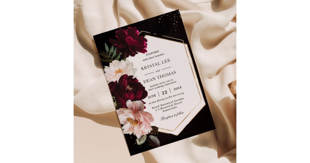 Dark Moody Burgundy Blush Peonies Floral Wedding Invitation | Zazzle