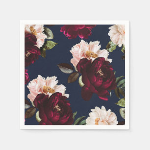 Dark Moody Burgundy Blush Peony Floral Navy Blue Napkin