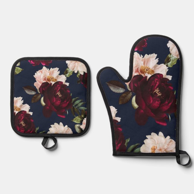 Dark Moody Burgundy Blush Peony Floral Navy Blue Oven Mitt & Pot Holder Set (Front)
