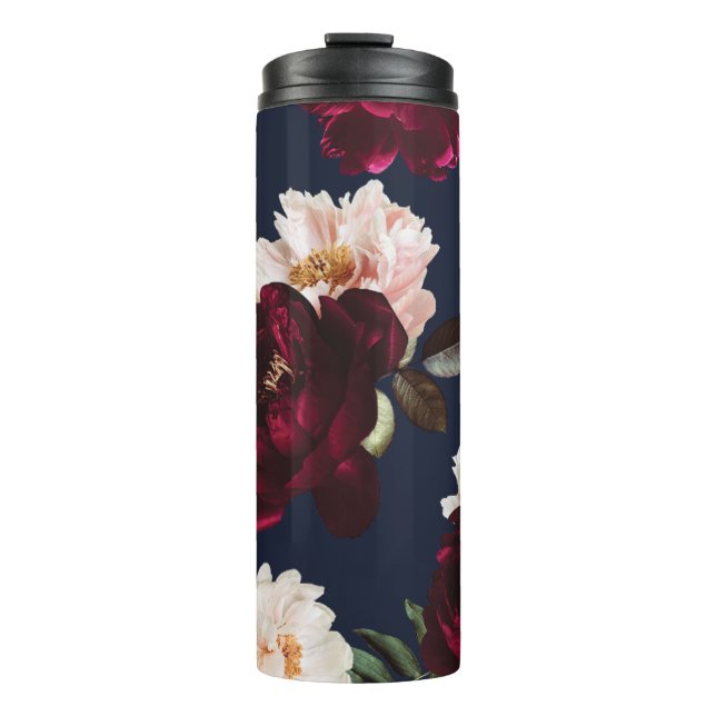 Dark Moody Burgundy Blush Peony Floral Navy Blue Thermal Tumbler (Front)